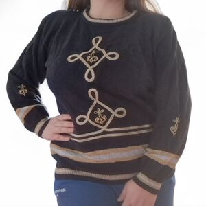 Vintage Black Embroidered Knit Sweater Gold Trim